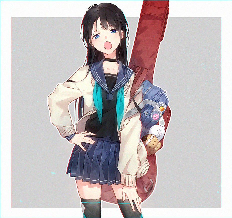 1girl, bag, bag_charm, bangs, black_choker, black_hair, black_legwear, black_shirt
