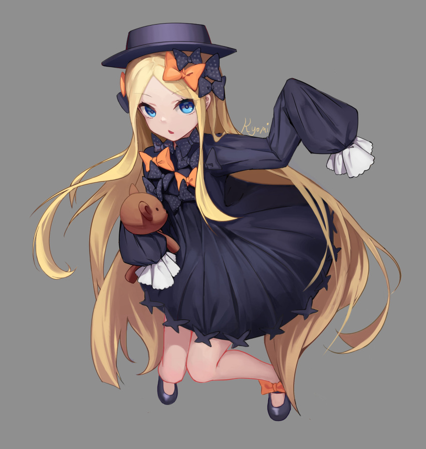 1girl, abigail_williams_(fate/grand_order), artist_name, bangs, black_bow, black_dress, black_footwear, black_hat, blonde_hair, blue_eyes, bow, butterfly, commentary_request, dress, eyebrows_visible_through_hair, fate/grand_order, fate_(series), forehead, full_body, grey_background, hair_bow, hat, highres, loading_(vkjim0610), long_hair, long_sleeves, looking_at_viewer, mary_janes, object_hug, orange_bow, parted_bangs, parted_lips, polka_dot, polka_dot_bow, shoes, simple_background, sleeves_past_wrists, solo, stuffed_animal, stuffed_toy, teddy_bear, very_long_hair