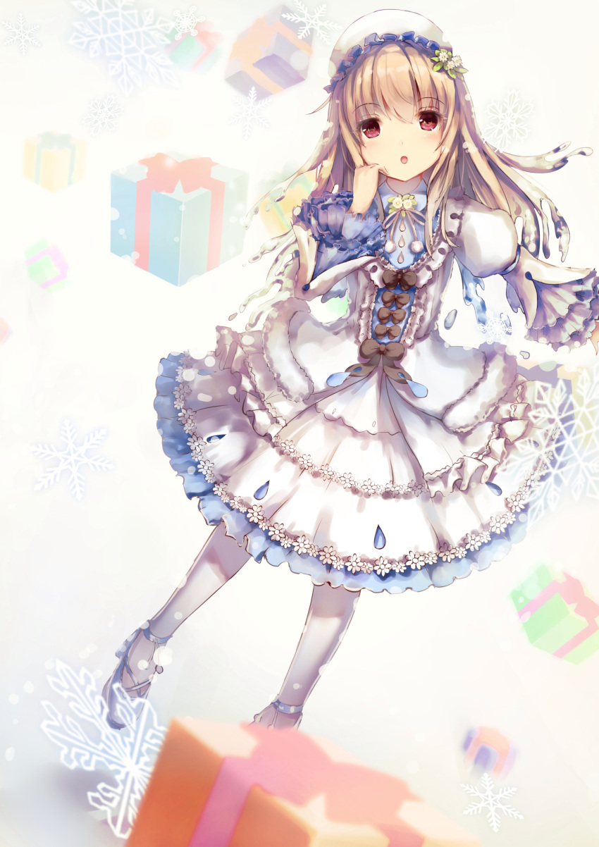 1girl, :o, ankle_lace-up, bangs, blue_footwear, blurry, blurry_foreground, box