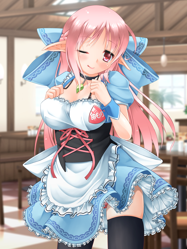 1girl, ;q, apron, black_legwear, blurry, blurry_background, bow, bra_strap