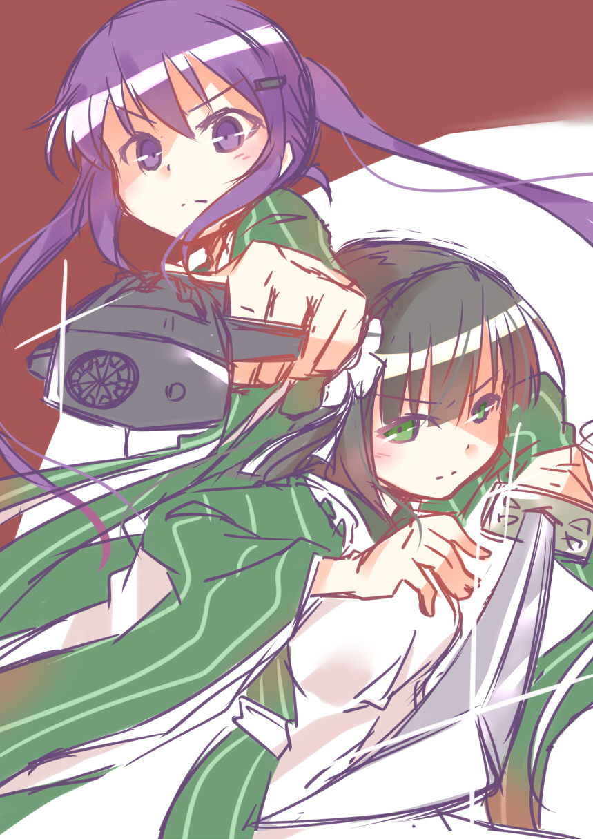 >:(, 2girls, aiming_at_viewer, ama_usa_an_uniform, apron, bangs, black_hair, blunt_bangs