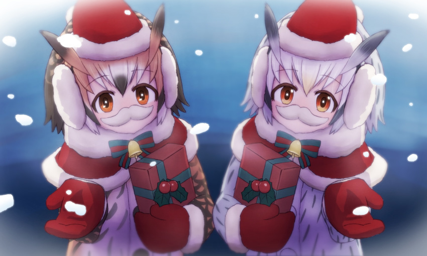 2girls, bell, box, brown_eyes, brown_hair, capelet, christmas, closed_eyes, commentary, da_(bobafett), earmuffs, eurasian_eagle_owl_(kemono_friends), fake_mustache, fur_trim, gift, gift_box, hat, highres, holly, kemono_friends, looking_at_viewer, mittens, multicolored_hair, multiple_girls, northern_white-faced_owl_(kemono_friends), santa_costume, santa_hat, short_hair, snowing, white_hair