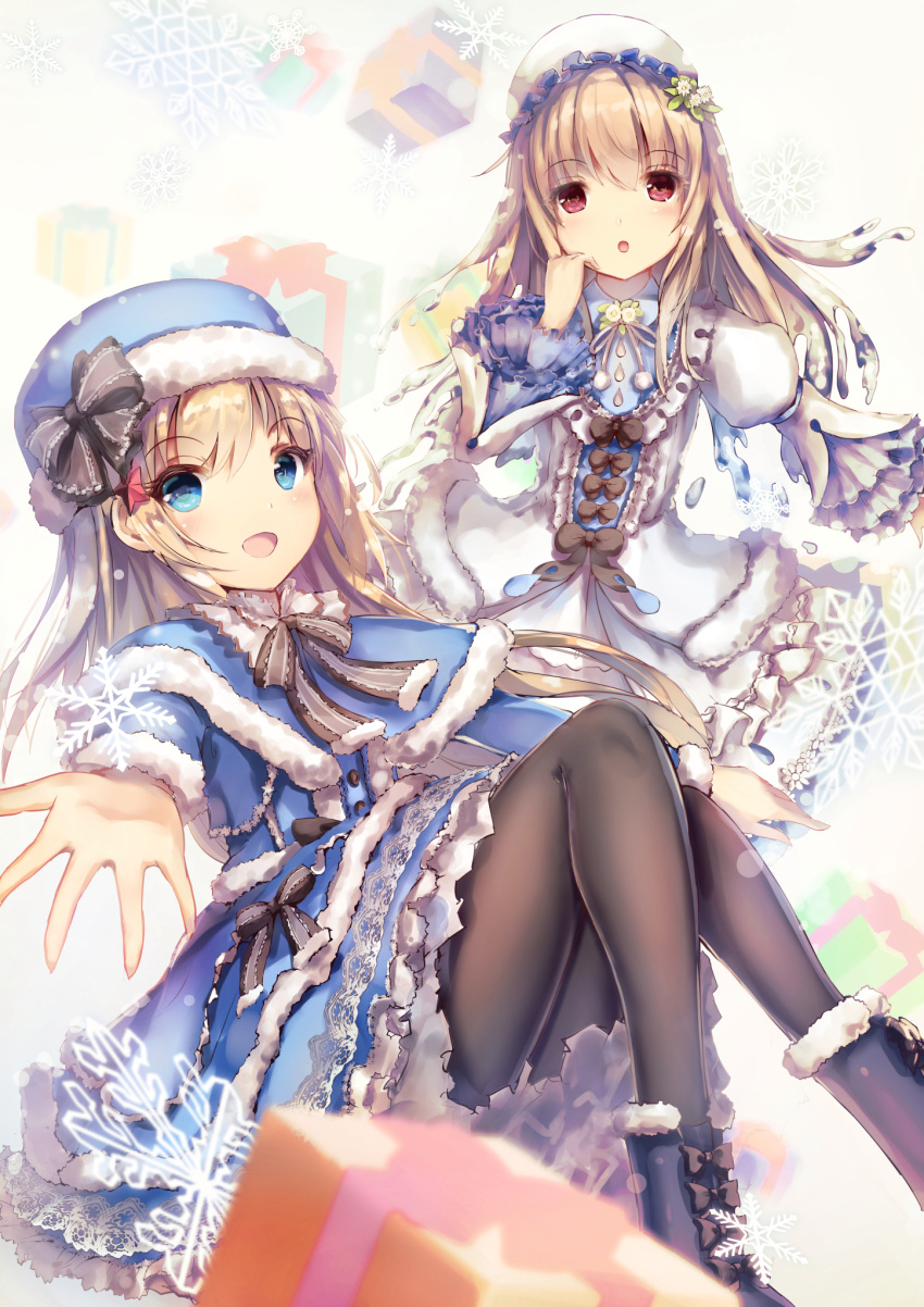 2girls, :d, :o, ankle_lace-up, bangs, black_bow, black_footwear, black_legwear, blue_capelet, blue_dress, blue_eyes, blue_footwear, blue_hat, blurry, blurry_foreground, bow, box, christmas, commentary_request, cross-laced_footwear, depth_of_field, dress, eyebrows_visible_through_hair, flower, frilled_hat, frills, fur-trimmed_boots, fur-trimmed_capelet, fur-trimmed_dress, fur-trimmed_sleeves, fur_hat, fur_trim, gift, gift_box, hair_between_eyes, hair_flower, hair_ornament, hand_up, hat, highres, light_brown_hair, long_hair, long_sleeves, looking_at_viewer, missile228, multiple_girls, open_mouth, original, pantyhose, parted_lips, red_eyes, rusalka, sidelocks, slavic_mythology, smile, snegurochka, snowflakes, star, star_hair_ornament, very_long_hair, white_dress, white_hat, white_legwear