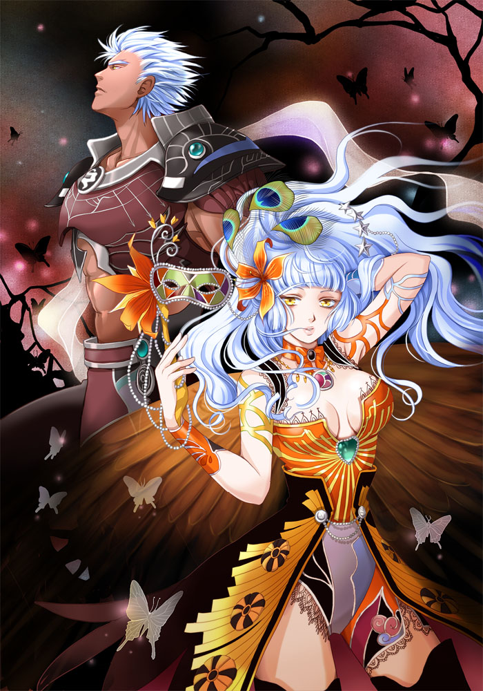 1boy, 1girl, blue_eyes, blue_hair, breasts, cleavage, commentary_request, dress, hairband, long_hair, maronee_san, noel_(saga), outstretched_arm, pants, rocbouquet_(saga), romancing_saga_2, saga, short_hair, shoulder_pads, spiky_hair