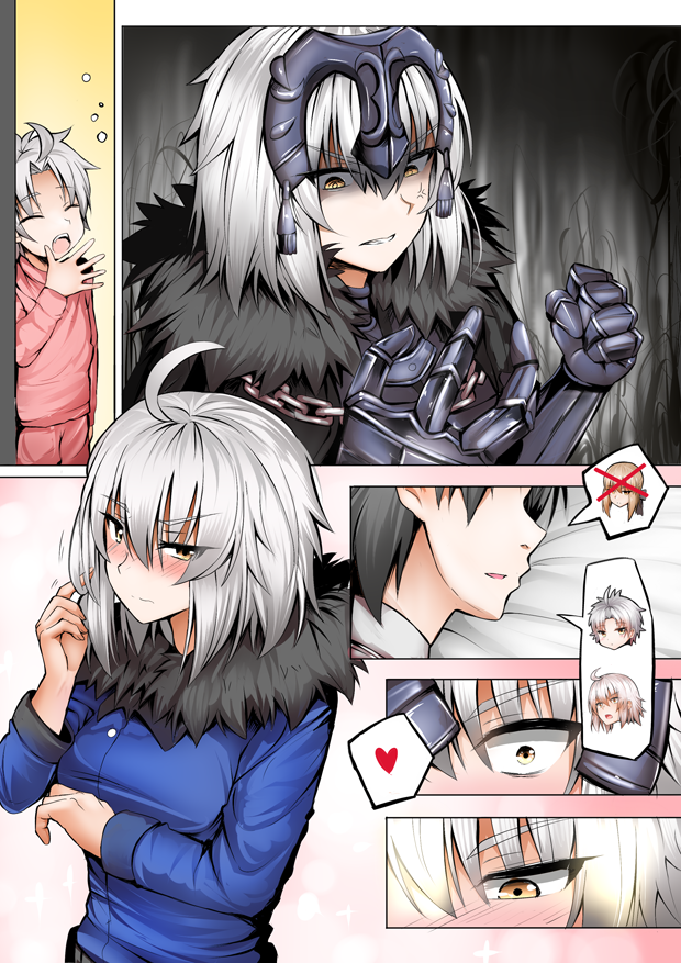 1girl, 2boys, ahoge, anger_vein, artoria_pendragon_(all), blush, chains, closed_eyes
