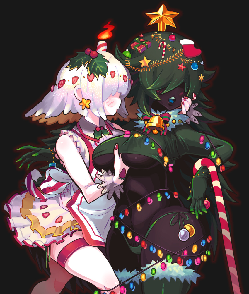 2girls, blush, breasts, candle, candy, candy_cane, christmas, christmas_lights