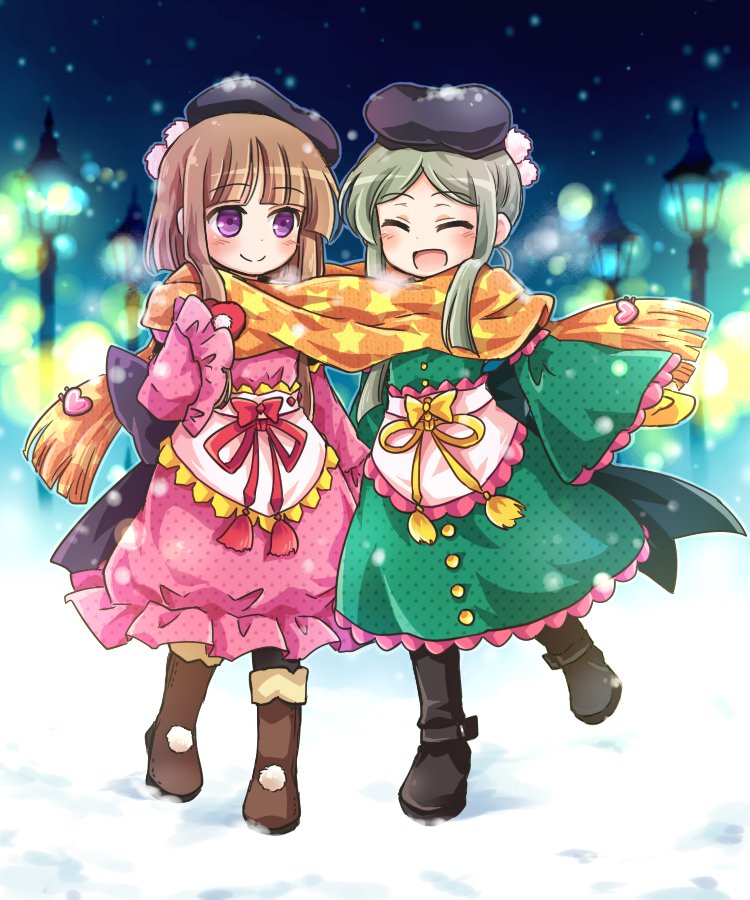 2girls, boots, brown_hair, closed_eyes, dress, gloves, green_hair, hat