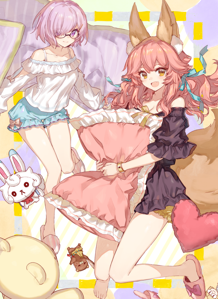2girls, :d, animal_ears, bangs, bare_shoulders, black_dress, blue_ribbon, blue_shorts, blush, brown_eyes, brown_hair, chocoan, closed_mouth, collarbone, commentary_request, diagonal_stripes, dress, eyebrows_visible_through_hair, fang, fate/grand_order, fate_(series), fox_ears, fox_girl, fox_tail, frilled_pillow, frills, hair_between_eyes, hair_over_one_eye, hair_ribbon, head_tilt, heart, heart_print, long_sleeves, looking_at_viewer, mash_kyrielight, multiple_girls, off-shoulder_shirt, open_mouth, orion_(fate/grand_order), pillow, pillow_hug, pink_footwear, pink_hair, ribbon, shirt, shirt_straps, short_shorts, short_sleeves, shorts, sleeves_past_wrists, slippers, slippers_removed, smile, striped_footwear, stuffed_animal, stuffed_toy, tail, tamamo_(fate)_(all), tamamo_no_mae_(fate), teddy_bear, violet_eyes, white_shirt