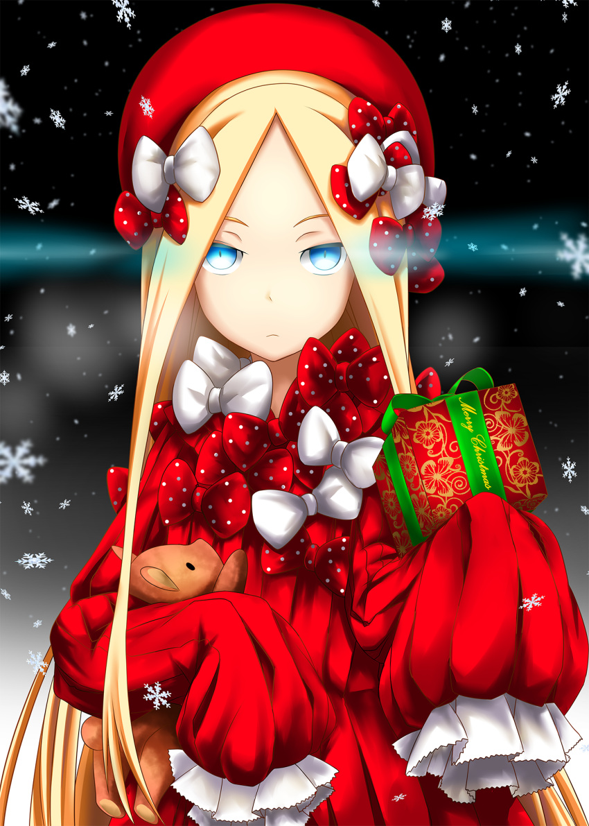 1girl, abigail_williams_(fate/grand_order), alternate_color, bangs, black_background, blonde_hair, blue_eyes, bow