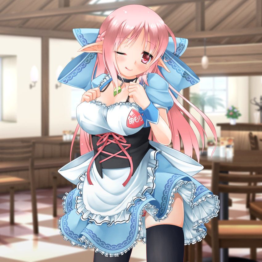 1girl, ;q, apron, black_legwear, blurry, blurry_background, bow, bra_strap