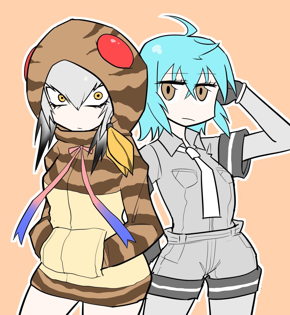 2girls, :/, ahoge, aqua_hair, bangs, black_hair, breast_pocket, brown_eyes