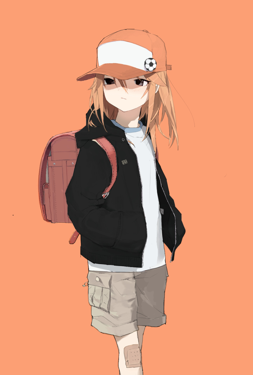1girl, :/, backpack, bag, ball, bandaid, bandaid_on_knee, baseball_cap