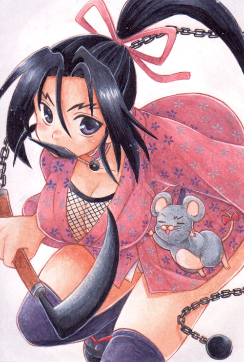 1girl, arm_at_side, black_hair, black_legwear, bow, breasts, chains, choker