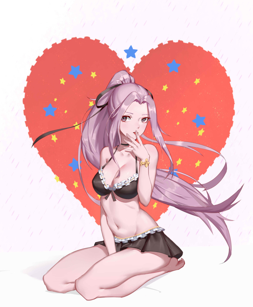 1girl, absurdres, between_legs, bikini, bikini_skirt, black_bikini, black_ribbon, breasts