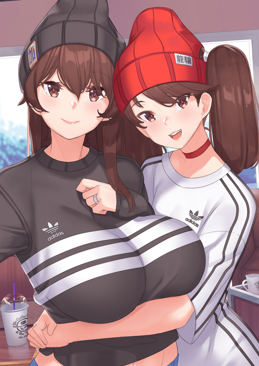 2girls, adidas, bangs, beanie, black_hat, black_shirt, breast_lift, breasts