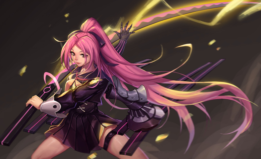 1girl, absurdres, black_serafuku, black_skirt, brown_eyes, eyelashes, floating_hair, forever_7th_capital, gaer, gauntlets, highres, holding, holding_sword, holding_weapon, katana, lips, lmz1234tapir, long_hair, neckerchief, pleated_skirt, ponytail, purple_hair, sailor_collar, school_uniform, serafuku, single_gauntlet, skirt, solo, sword, thigh_strap, very_long_hair, weapon