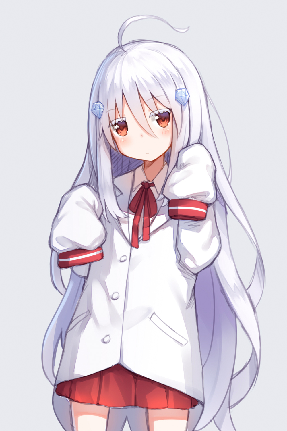 1girl, ahoge, blazer, child, cowboy_shot, diamond_hair_ornament, expressionless, eyelashes
