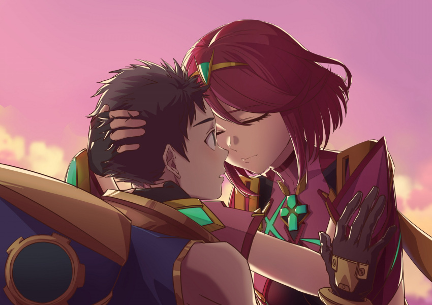 1boy, 1girl, blush, bodysuit, brown_hair, closed_eyes, gloves, hair_ornament