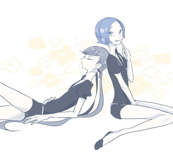 androgynous, benitoite_(houseki_no_kuni), black_footwear, black_hair, black_neckwear, black_shorts, blue_eyes, blue_hair, closed_eyes, cojimama, dated, finger_to_mouth, gem_uniform_(houseki_no_kuni), houseki_no_kuni, long_hair, nail_polish, necktie, neptunite_(houseki_no_kuni), shirt, short_hair, short_sleeves, shorts, shushing, signature, sleeping, twintails, white_shirt