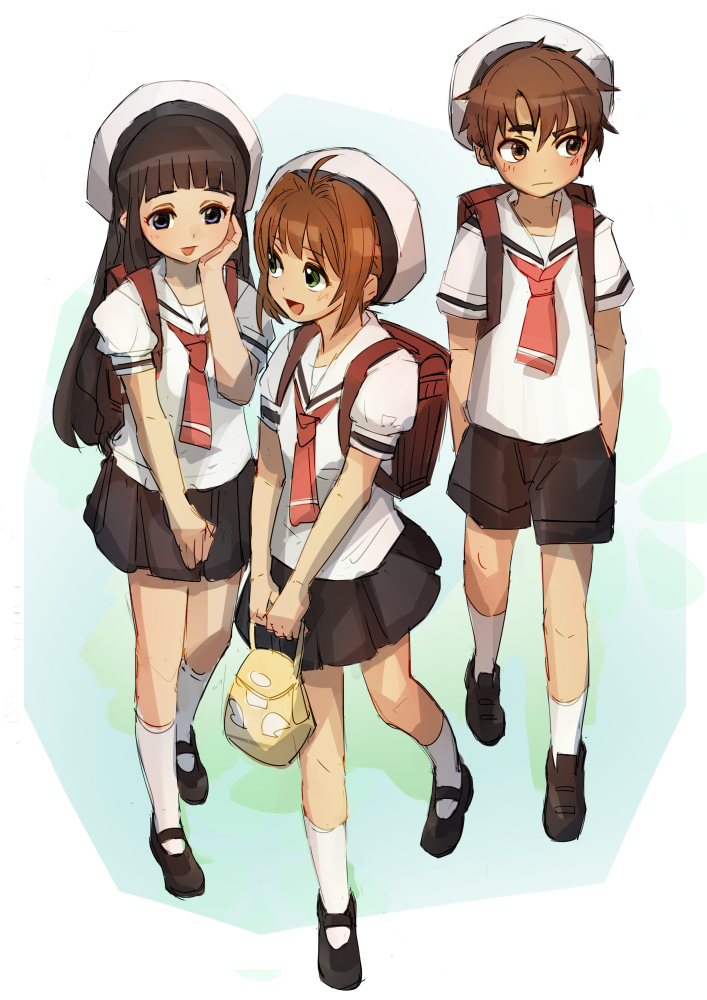 1boy, 2girls, bangs, black_hair, blunt_bangs, brown_hair, card_captor_sakura, daidouji_tomoyo, geetgeet, green_eyes, hat, kinomoto_sakura, li_xiaolang, multiple_girls, sailor_collar, school_uniform, serafuku, short_hair, tomoeda_elementary_school_uniform, violet_eyes