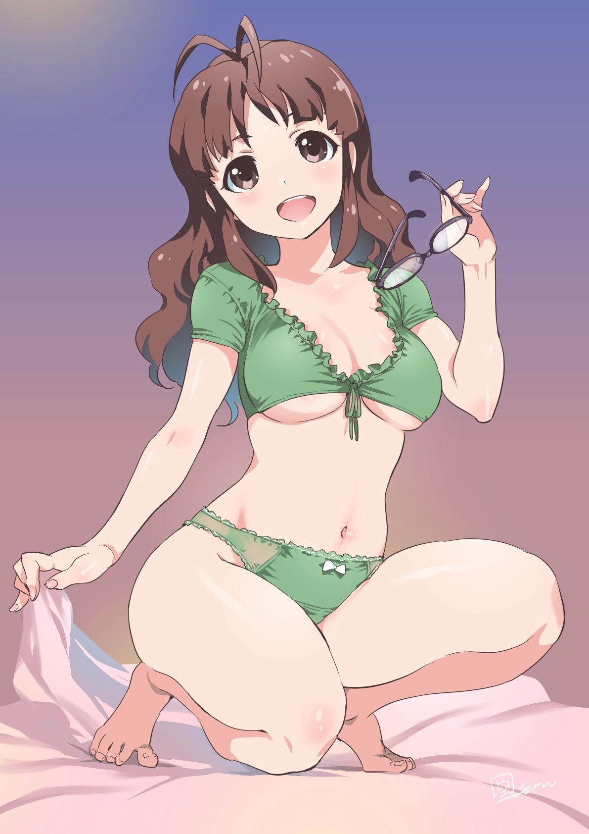 1girl, akizuki_ritsuko, antenna_hair, barefoot, blush, breasts, brown_eyes, brown_hair