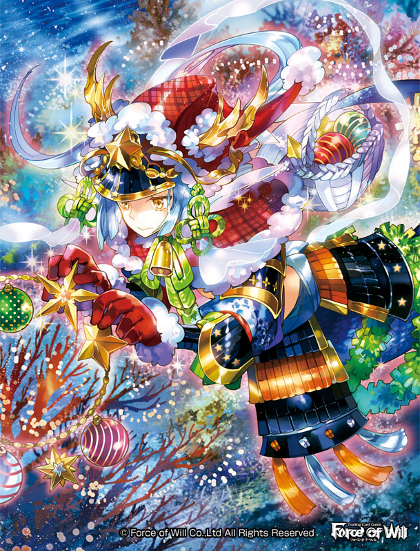 1girl, armor, basket, blue_hair, christmas, christmas_ornaments, copyright_name, coral