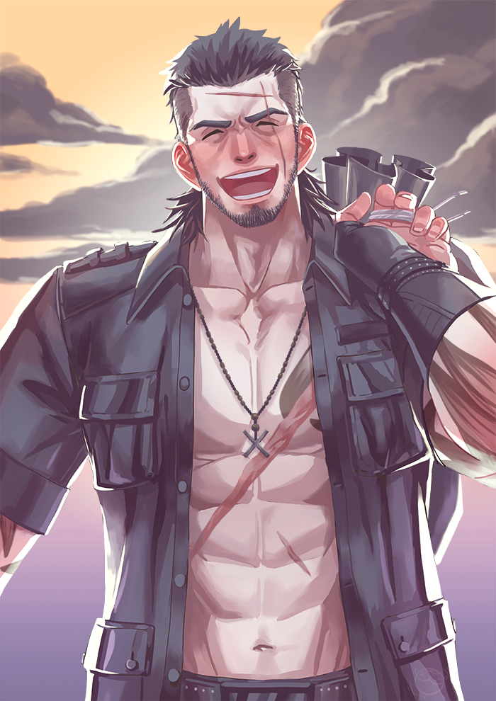 >_<, 1boy, :d, bag, black_hair, black_jacket, final_fantasy, final_fantasy_xv, fingerless_gloves, gladiolus_amicitia, gloves, grin, jacket, jewelry, male_focus, manly, moodud, muscle, necklace, open_clothes, open_mouth, open_shirt, scar, shirt, smile, solo, tattoo, xd