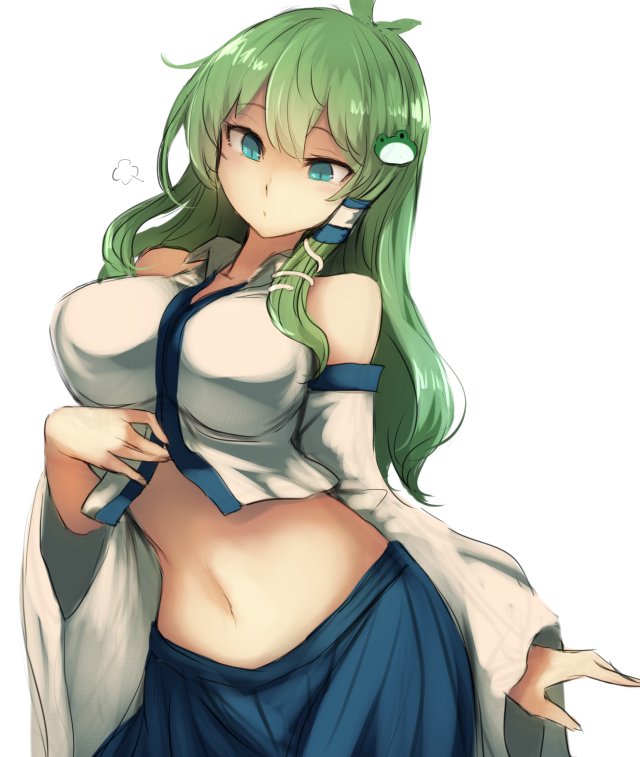 1girl, aqua_eyes, bangs, bare_shoulders, blue_skirt, breasts, cowboy_shot, detached_sleeves, frog_hair_ornament, green_hair, hair_ornament, hair_tubes, kochiya_sanae, large_breasts, long_hair, midriff, navel, simple_background, skirt, snake_hair_ornament, solo, touhou, utopia, white_background, wing_collar