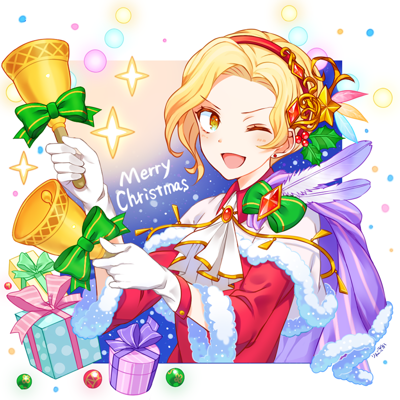 1boy, alternate_costume, artist_name, bell, blonde_hair, bow, box, christmas_ornaments, feathers, fire_emblem, fire_emblem:_fuuin_no_tsurugi, fire_emblem_heroes, fur_trim, gem, gift, gift_box, gloves, hairband, leaf, male_focus, merry_christmas, nacien, one_eye_closed, open_mouth, ringozaka_mariko, simple_background, solo, sparkle, upper_body, white_background, yellow_eyes