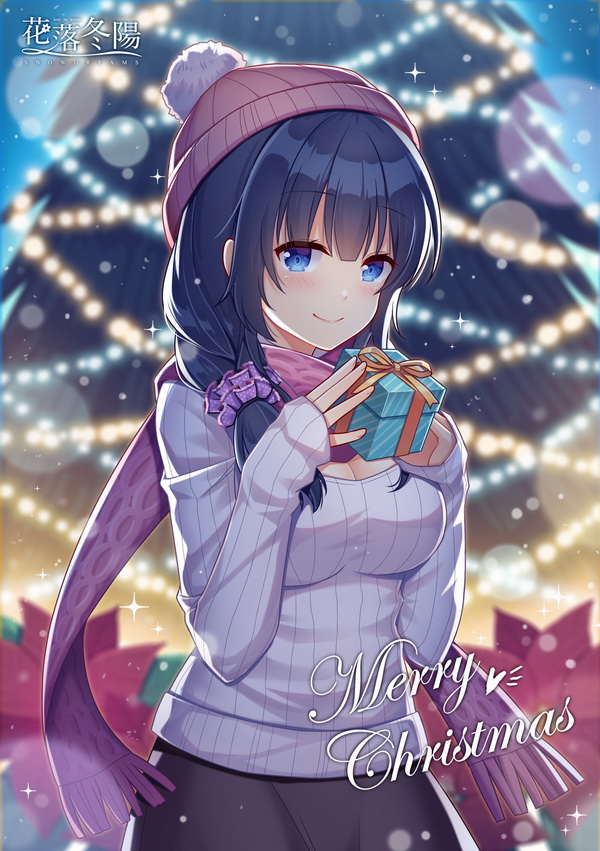 1girl, backlighting, bangs, beanie, black_hair, black_skirt, blue_eyes, blue_hair