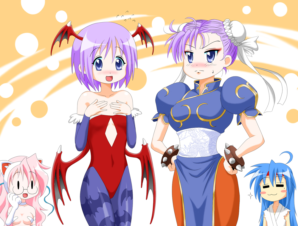 blush, breasts, bun_cover, capcom, china_dress, chinadress, chinese_clothes, chun-li, chun-li_(cosplay), cosplay, demon_girl, felicia, felicia_(cosplay), glasses, head_wings, headwings, hiiragi_kagami, hiiragi_tsukasa, hiro_yoshinaka, izumi_konata, leotard, lilith_aensland, lilith_aensland_(cosplay), long_hair, lucky_star, pantyhose, pink_hair, purple_eyes, purple_hair, ryu, ryu_(cosplay), ryuu_(street_fighter), ryuu_(street_fighter)_(cosplay), street_fighter, succubus, takara_miyuki, vampire_(game), violet_eyes, yosinaka_hiro