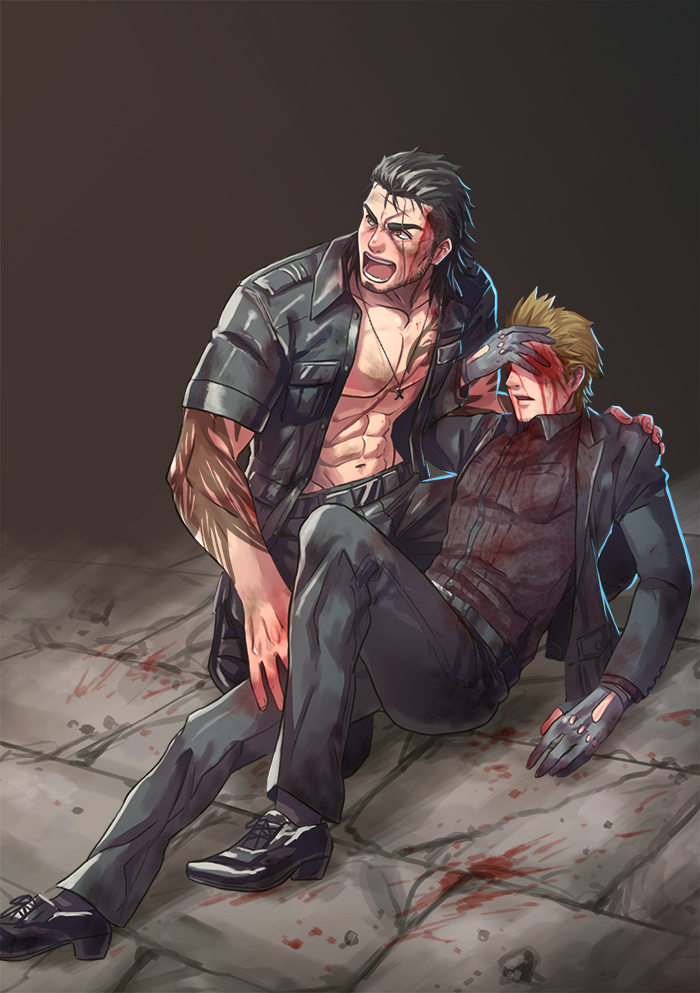 2boys, black_hair, black_jacket, blood, blood_on_face, blood_on_floor, brown_hair, final_fantasy, final_fantasy_xv, gladiolus_amicitia, gloves, hand_on_own_face, ignis_scientia, jacket, male_focus, moodud, multiple_boys, open_clothes, open_jacket, scar, shouting, spoilers, tattoo