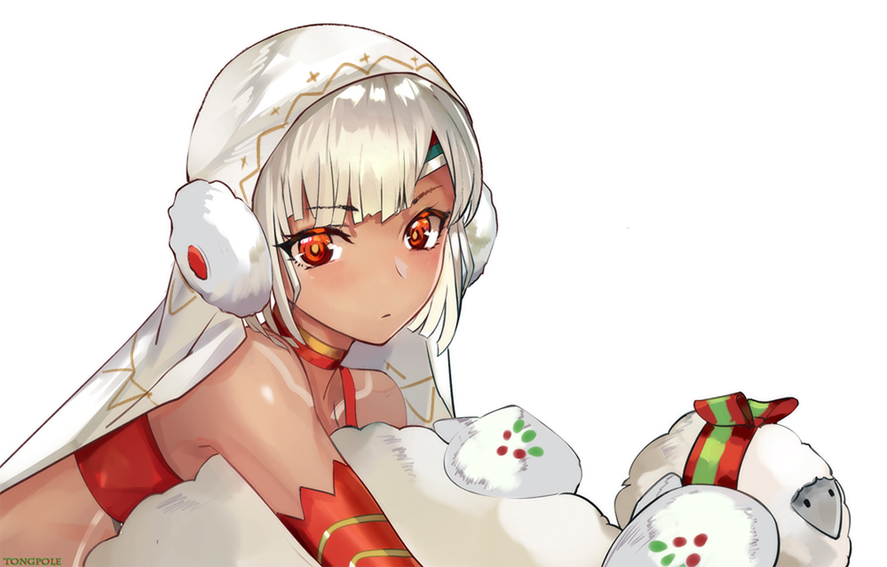 1girl, altera_(fate), altera_the_santa, bangs, bare_shoulders, blush, dark_skin, detached_sleeves, earmuffs, eyebrows_visible_through_hair, fate/grand_order, fate_(series), from_side, looking_to_the_side, mittens, red_eyes, shiny, shiny_hair, short_hair, simple_background, solo, tong_pole, tsurime, upper_body, veil, white_background, white_mittens