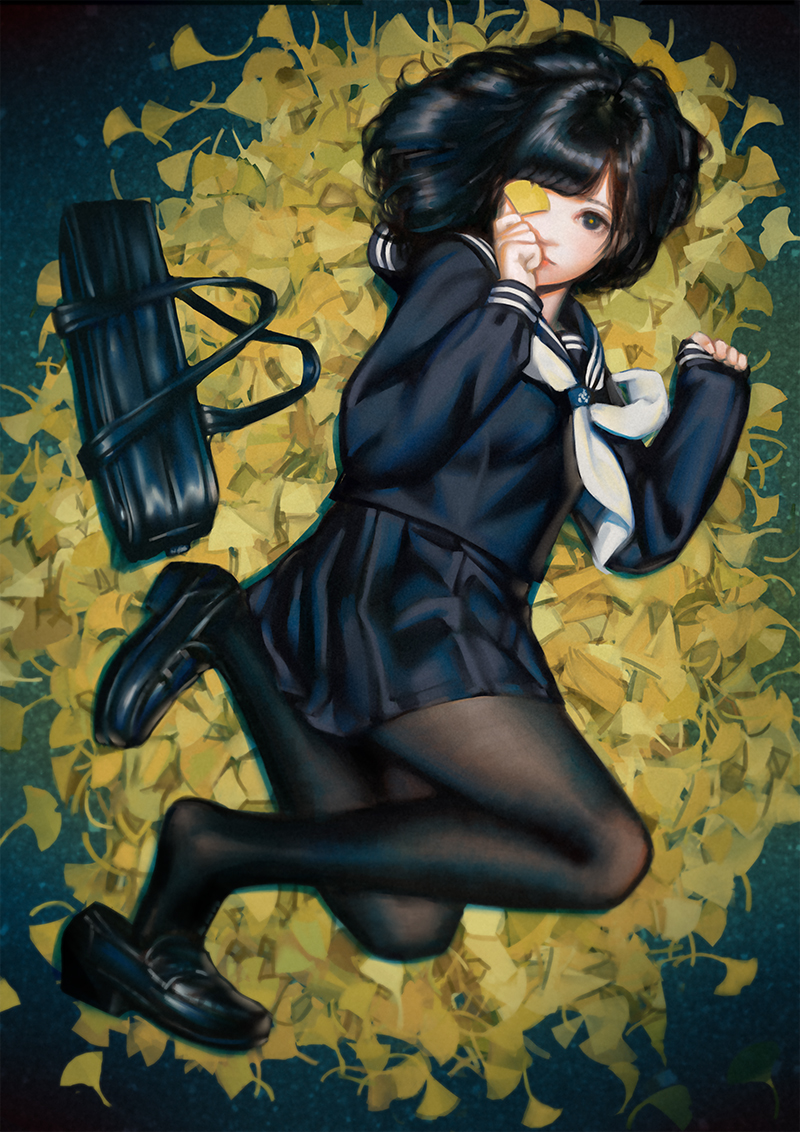 1girl, bag, black_eyes, black_footwear, black_legwear, black_serafuku, black_shirt, black_skirt
