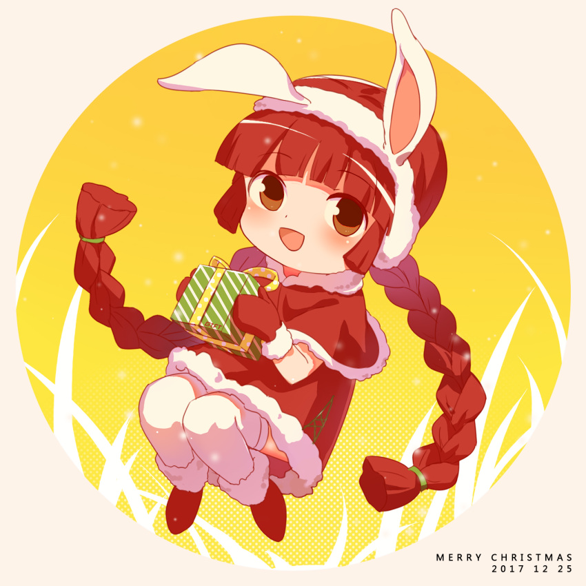 1girl, :d, animal_ears, bangs, blush, boots, box, braid