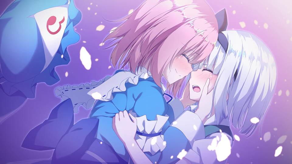 2girls, arm_garter, bangs, black_hairband, blue_bow, blue_dress, blue_hat, blunt_bangs, blush, bow, closed_mouth, clothes_grab, crying, dress, dutch_angle, eyebrows_visible_through_hair, facing_another, frills, from_side, hairband, hands_on_another's_cheeks, hands_on_another's_face, hat, hat_removed, headwear_removed, konpaku_youmu, merukiarisu, mob_cap, multiple_girls, nose_blush, petals, pink_hair, profile, saigyouji_yuyuko, shiny, shiny_hair, short_hair, silver_hair, smile, tears, touhou, triangular_headpiece, upper_body