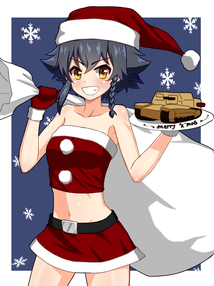 1girl, bangs, black_belt, black_hair, blue_background, braid, brown_eyes, carro_veloce_cv-33, commentary_request, cowboy_shot, crop_top, english, eyebrows_visible_through_hair, girls_und_panzer, grin, ground_vehicle, hat, highres, holding, looking_at_viewer, merry_christmas, microskirt, midriff, military, military_vehicle, model_tank, motor_vehicle, outside_border, pepperoni_(girls_und_panzer), plate, red_hat, red_mittens, red_shirt, red_skirt, ruka_(piyopiyopu), santa_costume, santa_hat, shirt, short_hair, side_braid, skirt, smile, snowflake_background, solo, standing, strapless, tank, v-shaped_eyebrows