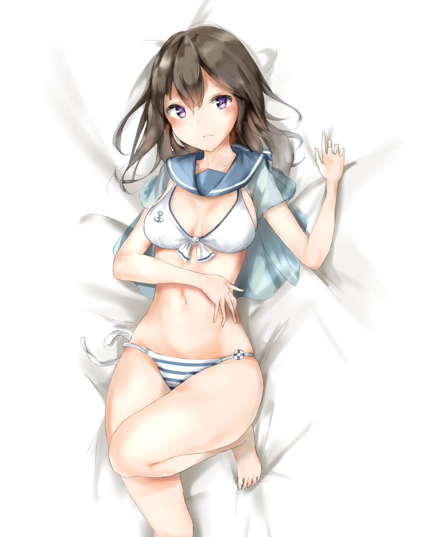 1girl, barefoot, bikini, black_hair, blue_sailor_collar, breasts, cowboy_shot, highres, long_hair, lying, medium_breasts, original, sailor_bikini, sailor_collar, side-tie_bikini, solo, striped_bikini_bottom, swimsuit, violet_eyes, zagashira