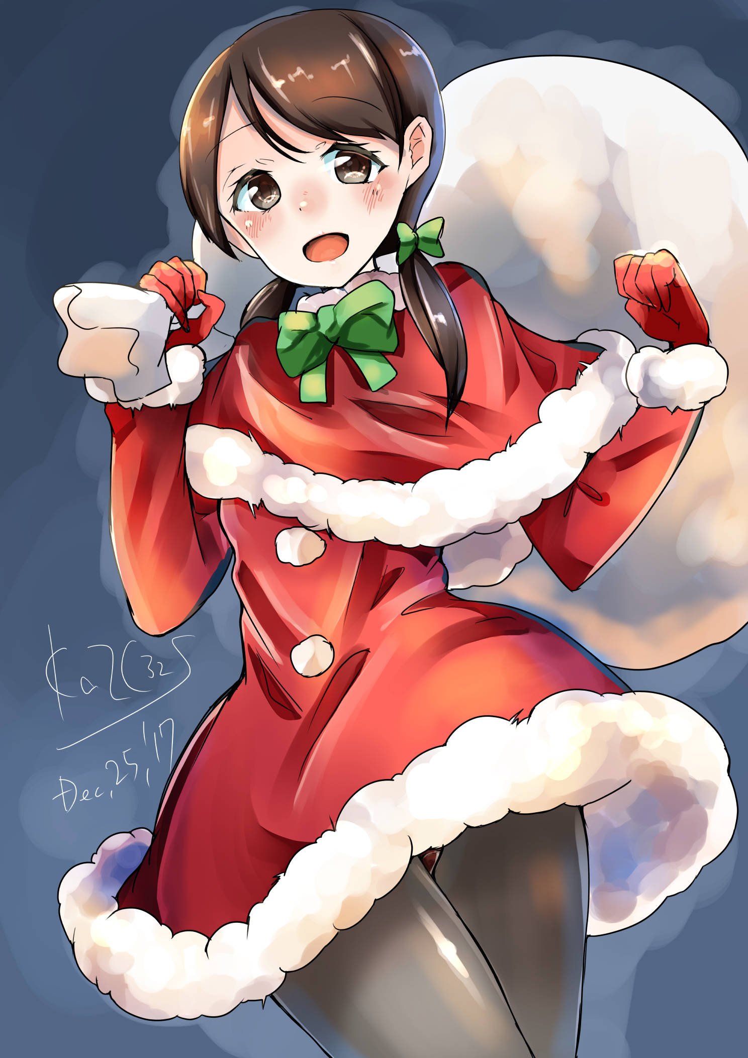 1girl, bangs, black_legwear, blue_background, brown_eyes, brown_hair, capelet, cowboy_shot, dress, gloves, gradient, gradient_background, highres, kantai_collection, kazu_(really_in_hot_water_now), low_twintails, pantyhose, parted_bangs, red_dress, red_gloves, sack, shirayuki_(kantai_collection), short_twintails, solo, twintails