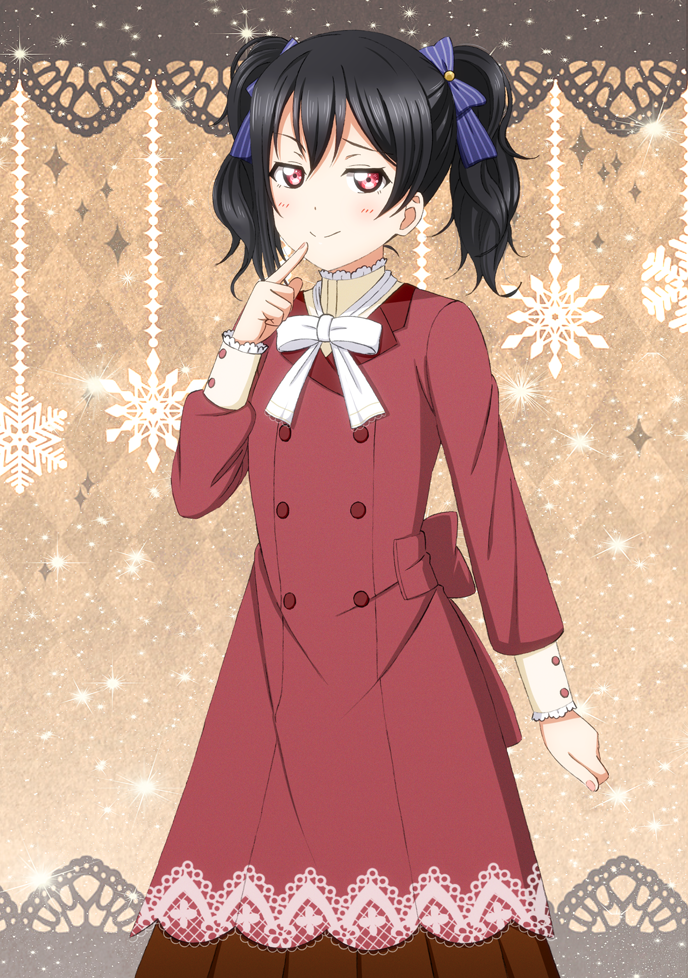 1girl, argyle, argyle_background, arm_at_side, black_hair, blue_ribbon, blush, brown_background, coat, cowboy_shot, finger_to_mouth, frilled_sleeves, frills, hair_ribbon, half-closed_eyes, index_finger_raised, kazuma_(theworld000021), long_sleeves, looking_at_viewer, love_live!, love_live!_school_idol_project, neck_ribbon, puffy_long_sleeves, puffy_sleeves, red_coat, red_eyes, ribbon, seductive_smile, short_twintails, smile, solo, standing, striped, striped_ribbon, twintails, white_neckwear, white_ribbon, yazawa_nico