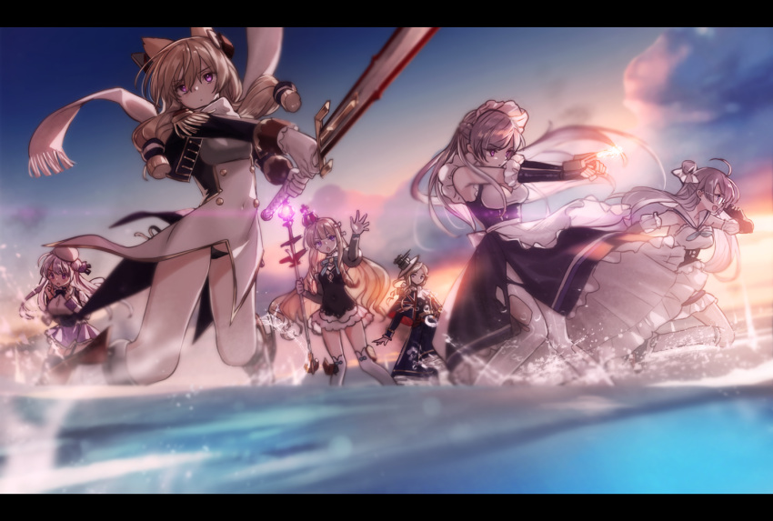 6+girls, :d, animal_ears, apron, azur_lane, bangs, belfast_(azur_lane), beret, black_dress, black_jacket, black_panties, black_shirt, blonde_hair, blue_capelet, blue_dress, braid, cannon, cat_ears, character_request, chestnut_mouth, closed_mouth, clouds, commentary_request, covered_navel, cropped_jacket, dress, elbow_gloves, epaulettes, eyebrows_visible_through_hair, fingerless_gloves, flag_print, frilled_apron, frills, fringe, glasses, gloves, hair_between_eyes, hair_bun, hat, headgear, holding, holding_staff, holding_sword, holding_weapon, hood_(azur_lane), jacket, long_hair, long_sleeves, looking_at_viewer, maid_headdress, military_jacket, multiple_girls, ocean, open_mouth, panties, pantyhose, parted_lips, print_capelet, purple_skirt, queen_elizabeth_(azur_lane), sailor_collar, scarf, shirt, short_hair_with_long_locks, side_bun, silver_hair, skirt, sky, sleeveless, sleeveless_dress, smile, staff, sword, thigh-highs, torn_clothes, torn_pantyhose, tsukigami_runa, turret, underwear, union_jack, very_long_hair, violet_eyes, waist_apron, warspite_(azur_lane), water, weapon, white_apron, white_gloves, white_hat, white_legwear, white_sailor_collar, white_scarf, white_skirt