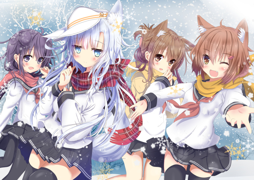 4girls, ;d, ahoge, akatsuki_(kantai_collection), animal_ears, aruka_(alka_p1), bangs, black_legwear