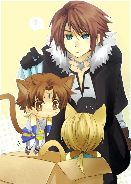 animal_ears, blonde_hair, blue_eyes, box, brown_eyes, brown_hair, butz_klauser, cardboard_box, cat_ears, cat_tail, chibi, dissidia_final_fantasy, final_fantasy, final_fantasy_ix, final_fantasy_v, final_fantasy_viii, in_container, kitten, meru, person_in_a_container, squall_leonhart, tail, zidane_tribal