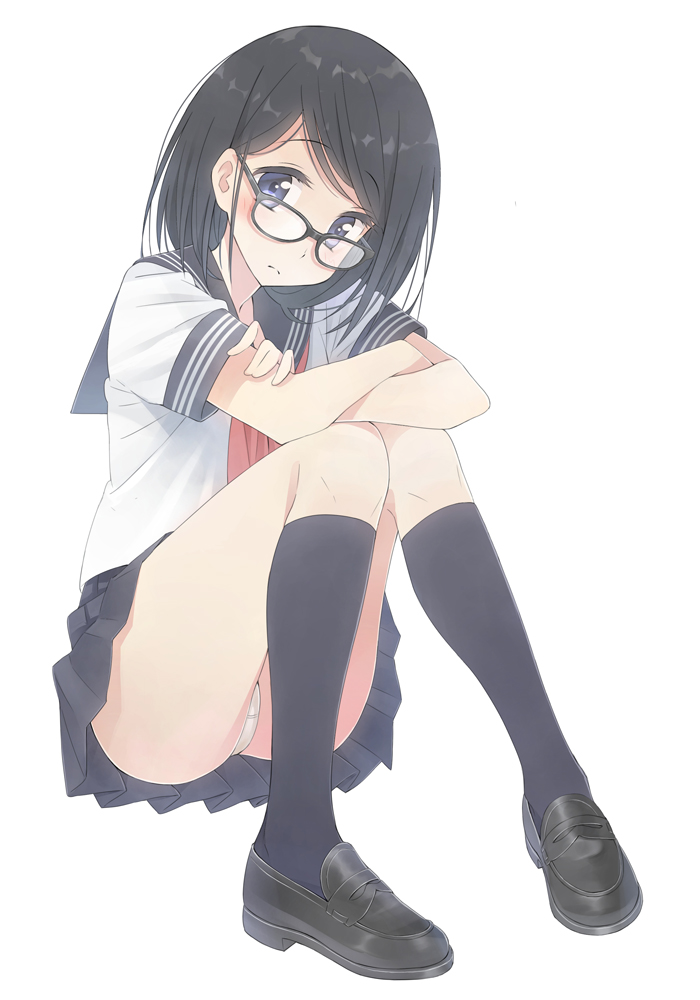 1girl, bangs, black_footwear, black_hair, black_legwear, black_skirt, blouse, blue_eyes