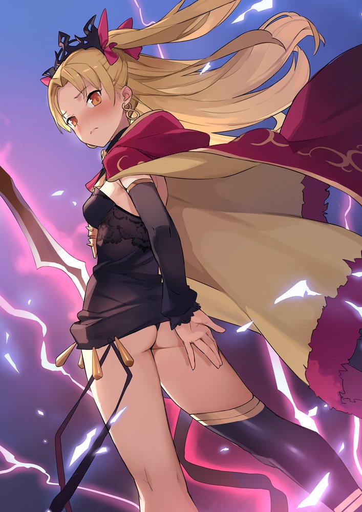 ass, blonde_hair, blush, brown_eyes, cape, crown, detached_sleeves, electricity