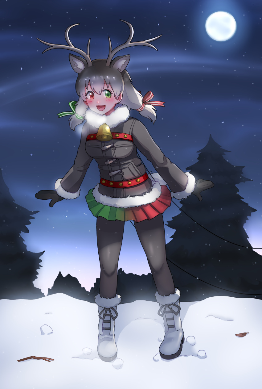 1girl, :d, absurdres, animal_ears, antlers, bell, black_legwear, blush