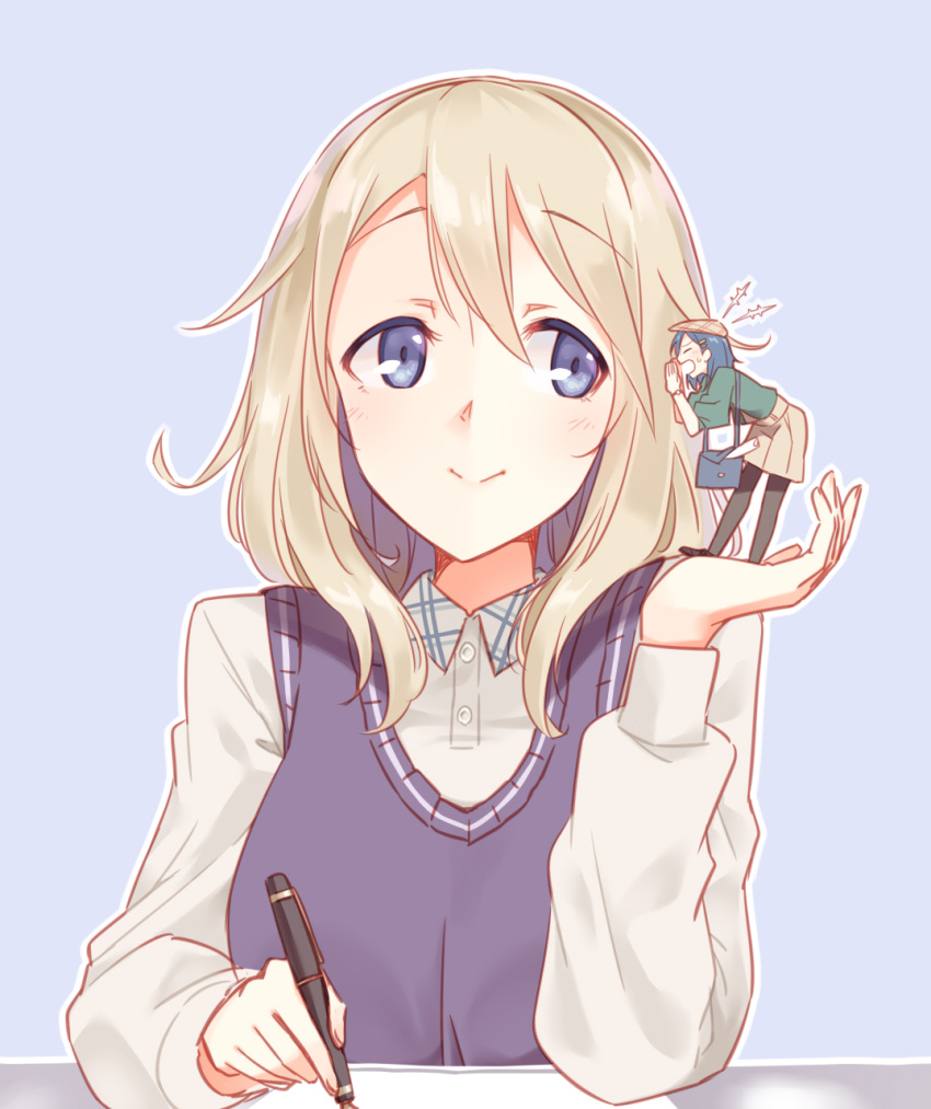 2girls, aoyama_blue_mountain, bag, beige_hat, beige_pants, beret, black_footwear, black_legwear