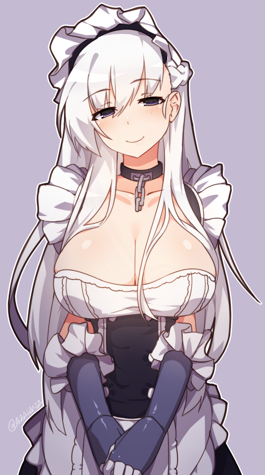 1girl, apron, azur_lane, bangs, belfast_(azur_lane), blue_gloves, blush, breasts, chains, cleavage, closed_mouth, collar, commentary_request, dress, eyebrows_visible_through_hair, gloves, hair_between_eyes, head_tilt, highres, large_breasts, long_hair, maid, maid_apron, maid_headdress, metal_collar, purple_background, simple_background, smile, solo, standing, tilt-shift, twitter_username, upper_body, v_arms, very_long_hair, violet_eyes, waist_apron, white_hair
