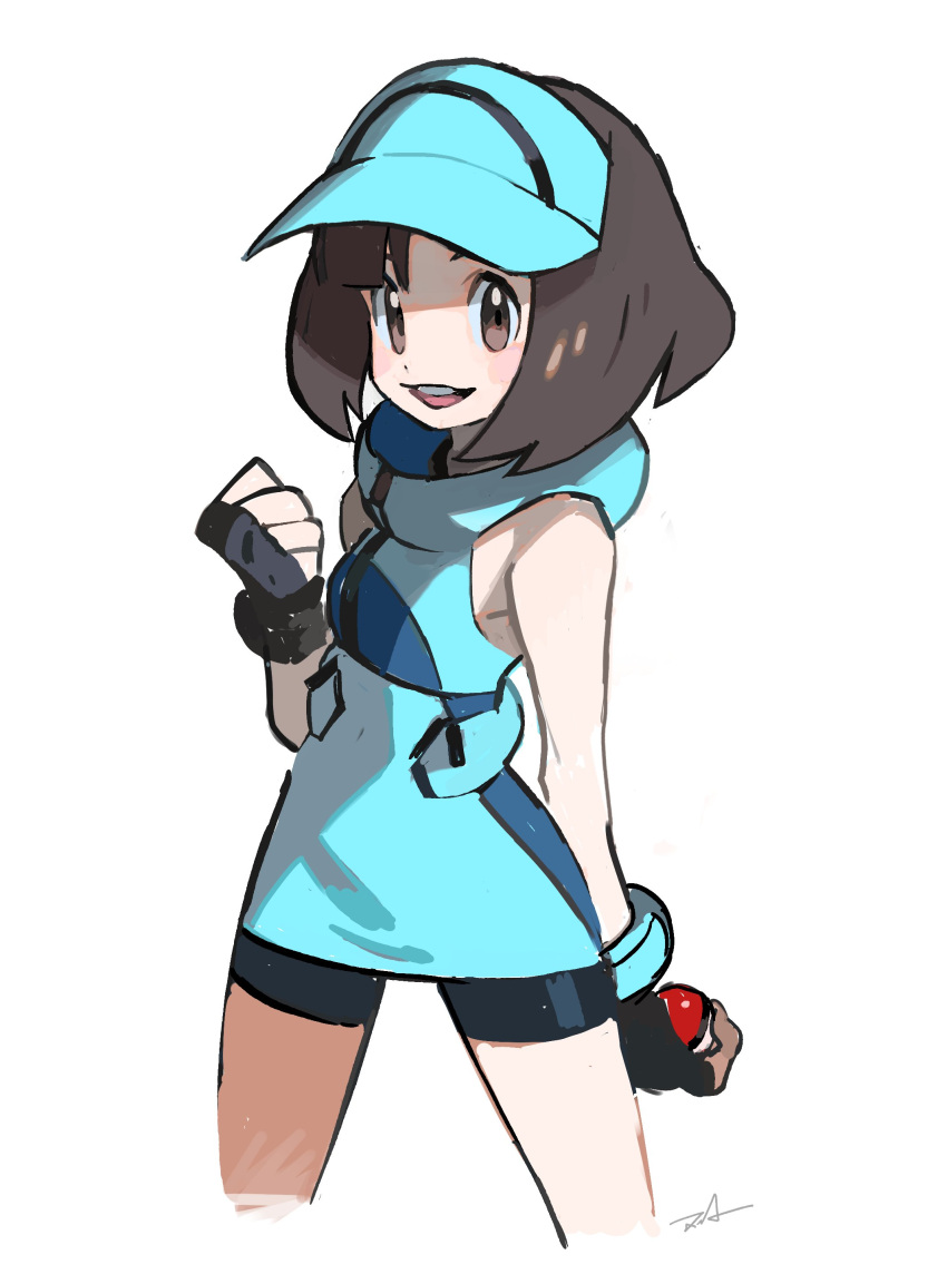 1girl, absurdres, ace_trainer_(pokemon), bike_shorts, black_gloves, bob_cut, brown_eyes, brown_hair