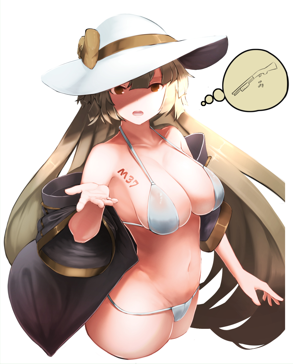 1girl, armpits, bangs, bare_legs, bare_shoulders, bikini, body_writing, breasts